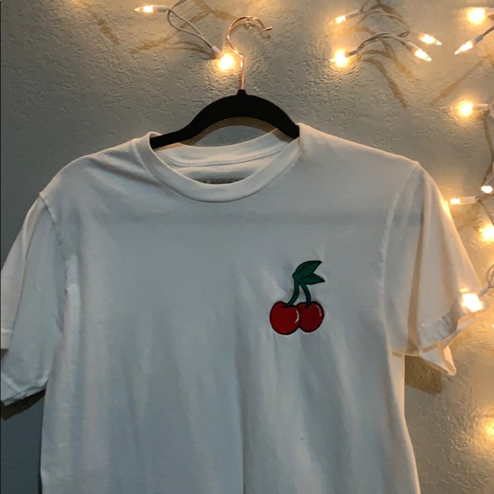 White tee shirt, embroidered cherry, - Picture 1 of 5